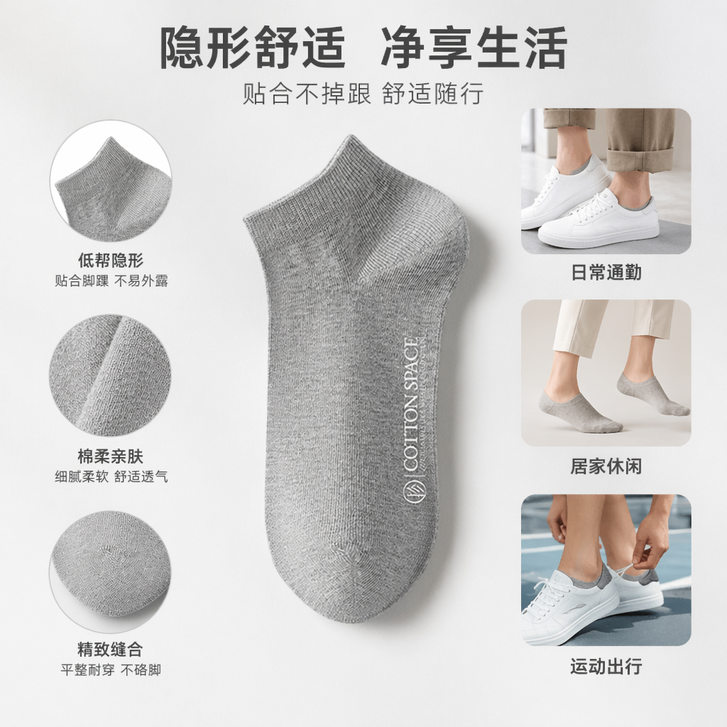 灰色纯棉短袜 透气吸汗运动休闲男女同款