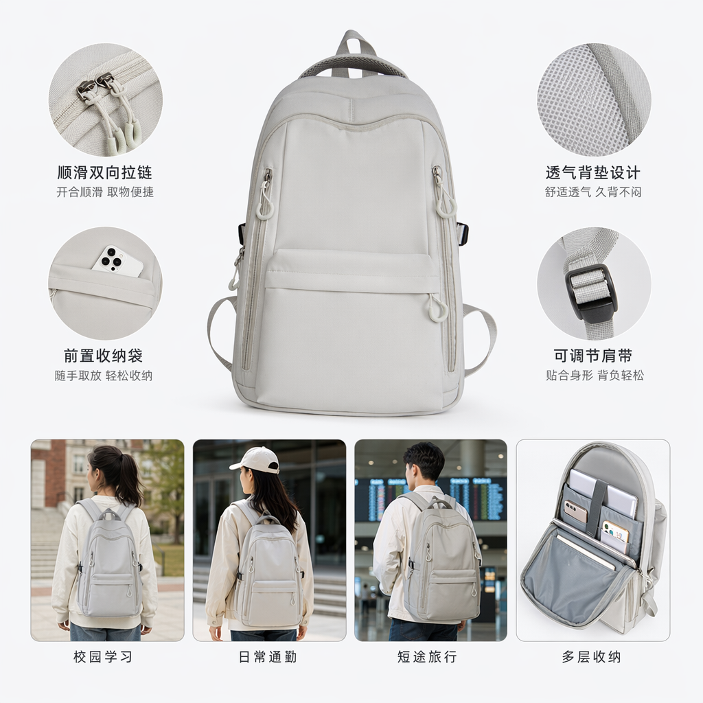 浅灰色简约时尚双肩包学生通勤大容量轻便旅行背包