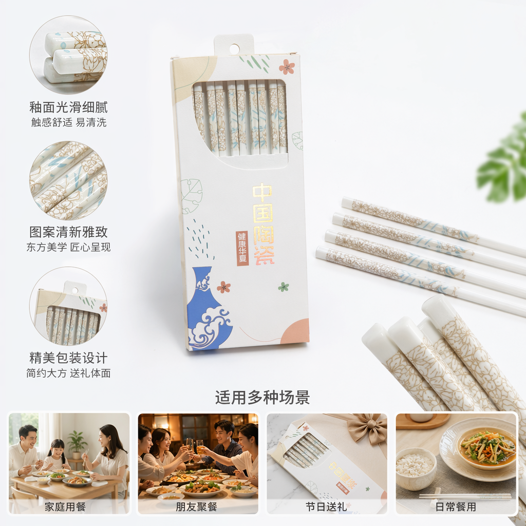 白色陶瓷筷子礼盒装含多双青花花纹筷中国陶瓷CHINESE CERAMICS健康华夏
