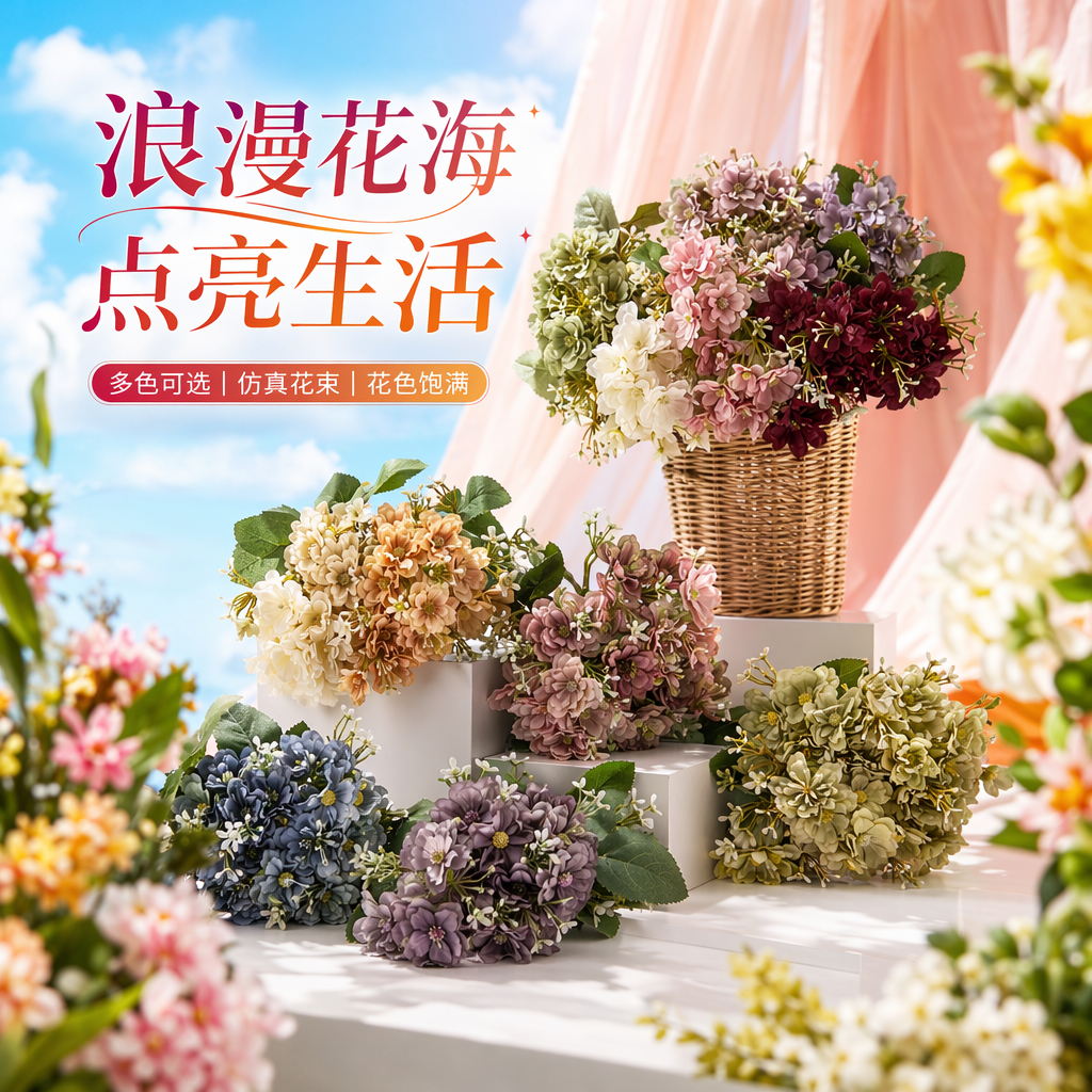彩色仿真花束 室内装饰摆件 婚庆家居插花艺术假花细节图