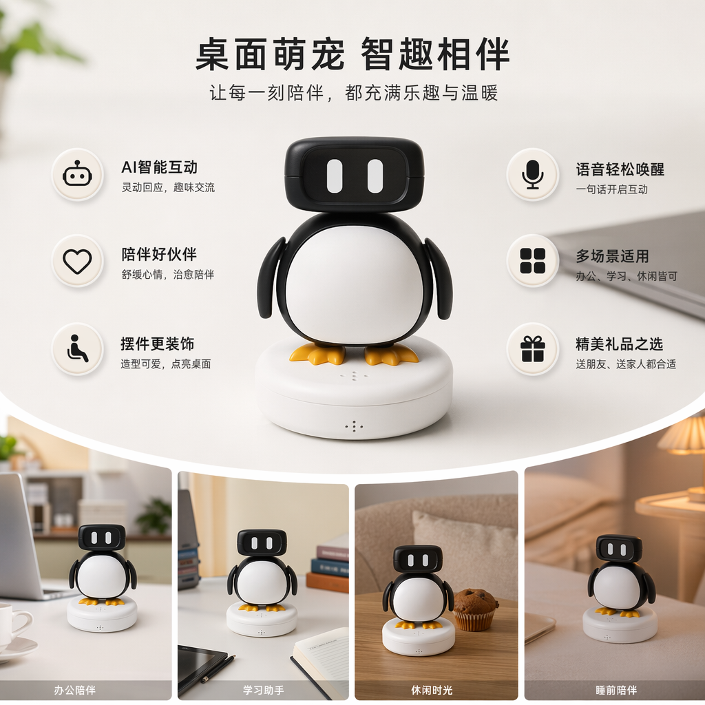 黑白企鹅造型AI桌面宠物智能互动萌宠办公桌摆件
