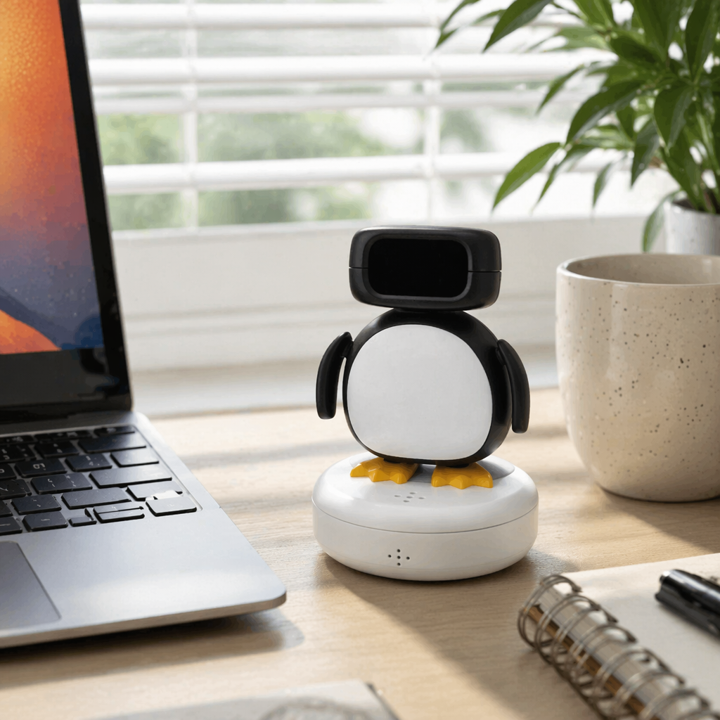 Black and white penguin-shaped AI desktop pet smart interactive cute pet office decoration details Picture