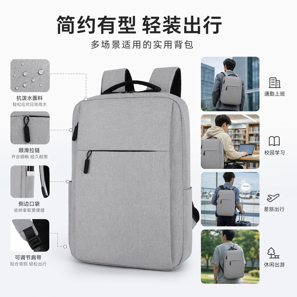 灰色简约时尚休闲双肩背包男女通用轻便大容量图