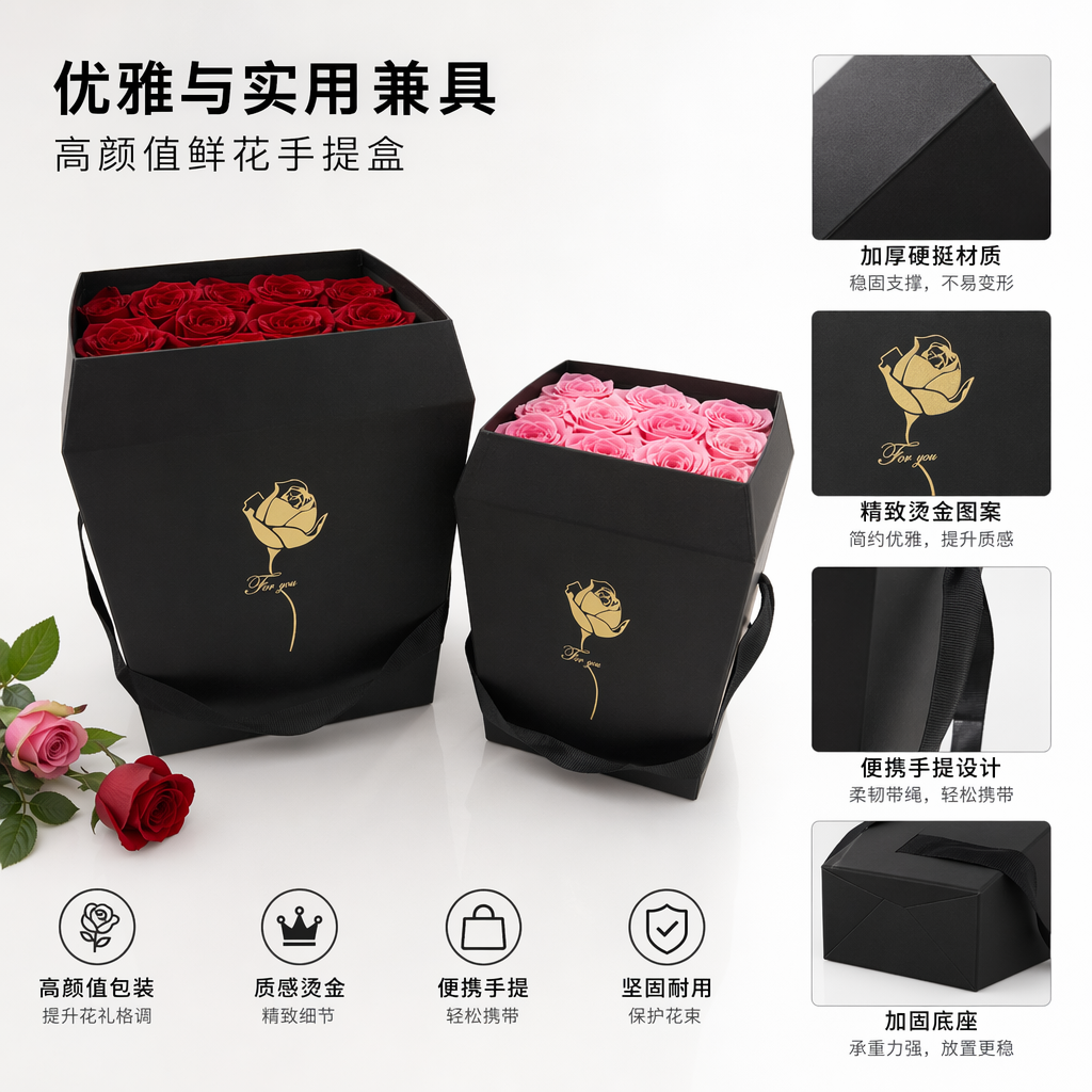 Black square gift box with double golden rose for you pattern and black ribbon handle Black square gift box with double golden rose for you pattern and black ribbon handle