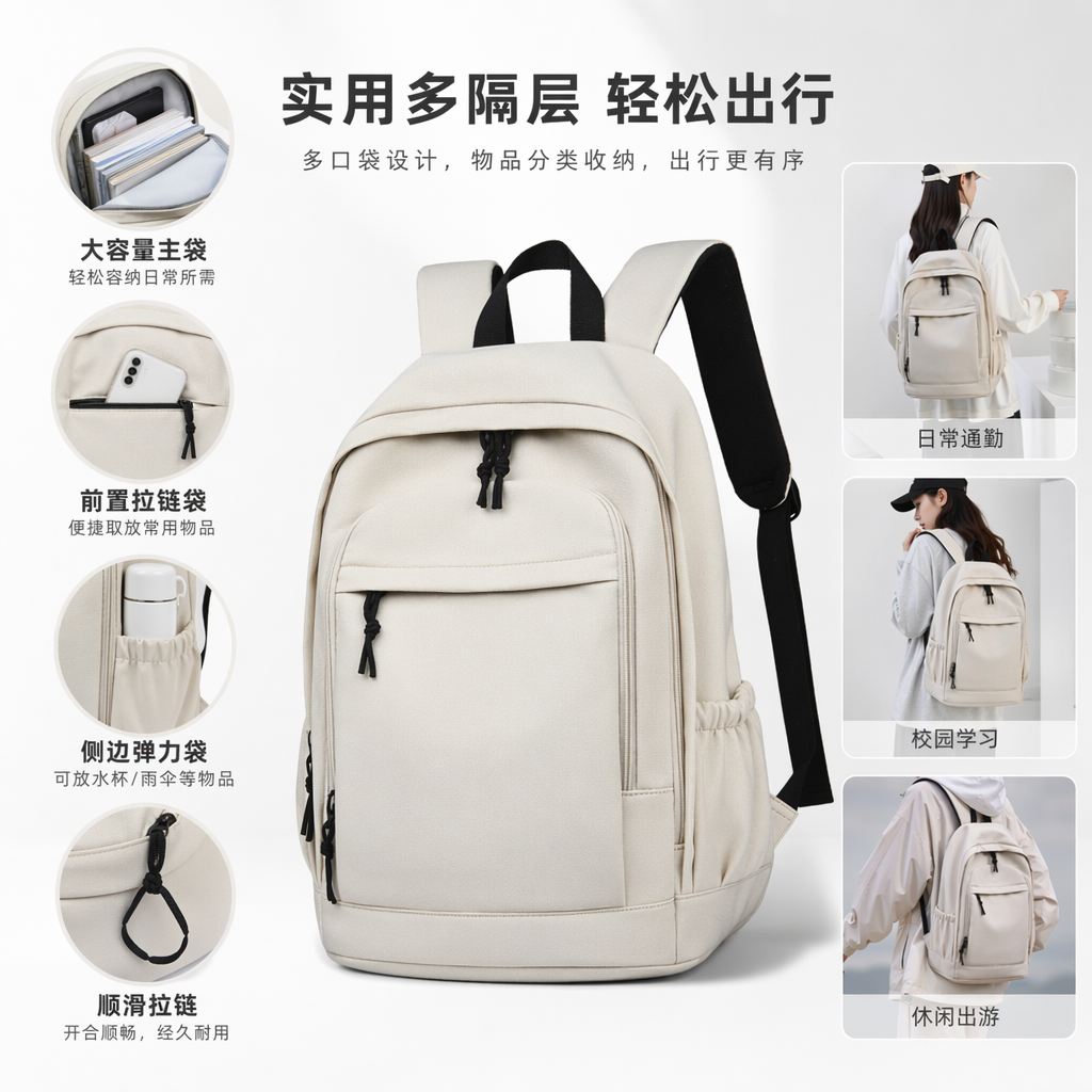 白色双肩包尼龙防水通勤上学轻量耐磨大容量