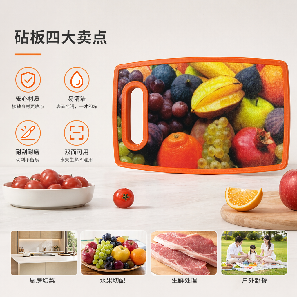 橙色边框水果图案PP材质加厚砧板厨房切菜用