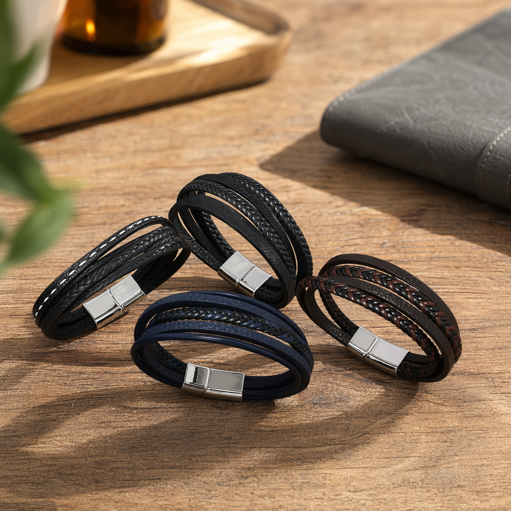 Black and blue woven leather bracelet with silver magnetic clasp details Picture