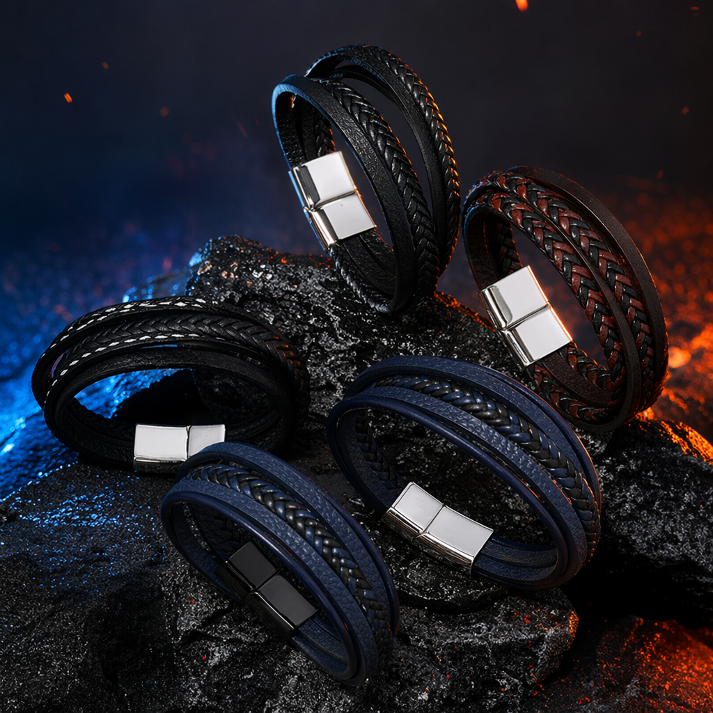 Black and blue woven leather bracelet with silver magnetic clasp Specification image