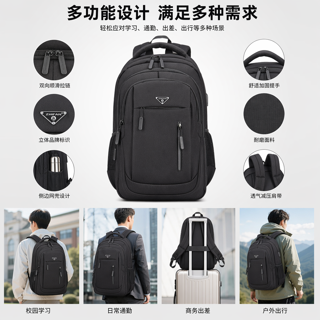 黑色双肩包加厚耐磨大容量通勤旅行学生用