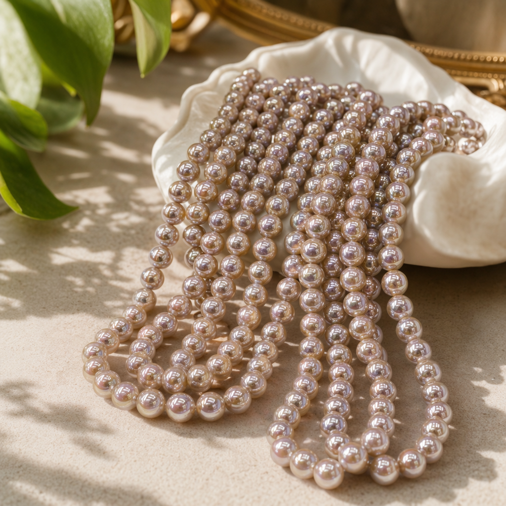 A golden pearl beaded hand-woven necklace is a fashionable and versatile accessory details Picture