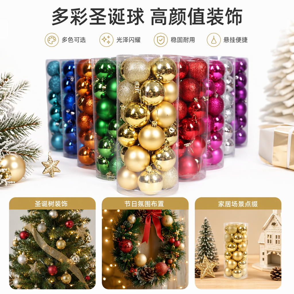 Colorful Christmas ball decorations, festive atmosphere hanging ornaments, multi-color mixed festive decor