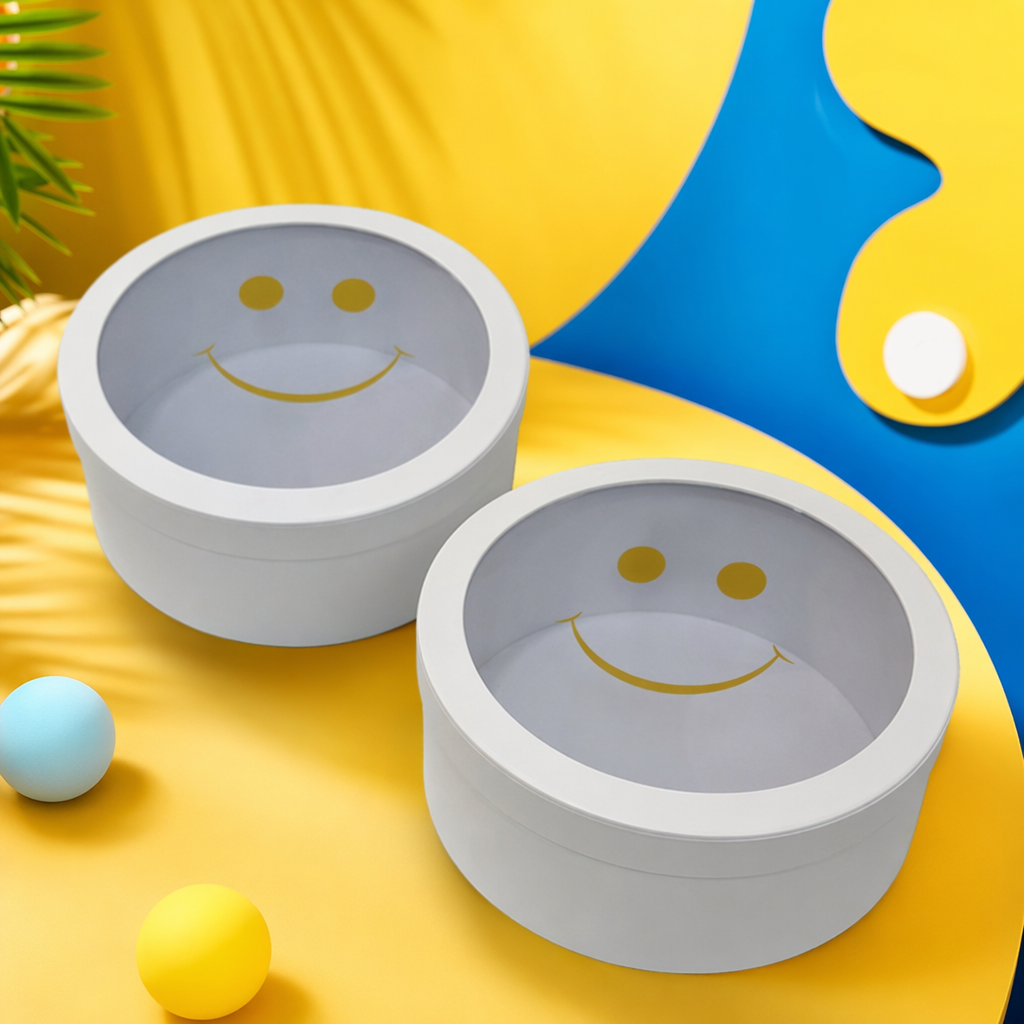 A white circular gift box with a transparent lid and a golden smiling face pattern Specification image