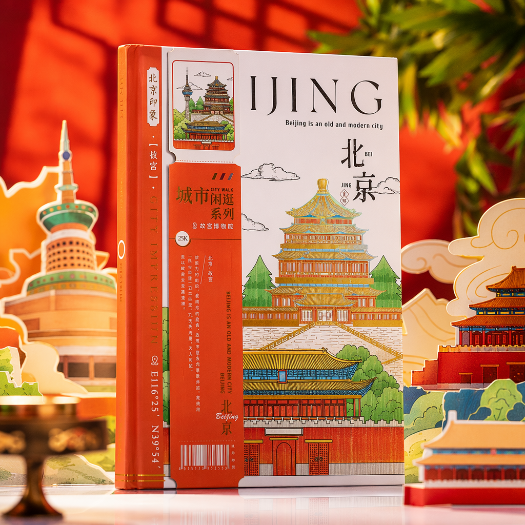 "Beijing Impression: City Stroll Series Illustration Books with Orange and White covers featuring the Temple of Heaven and the landmarks of the Forbidden City. Specification image