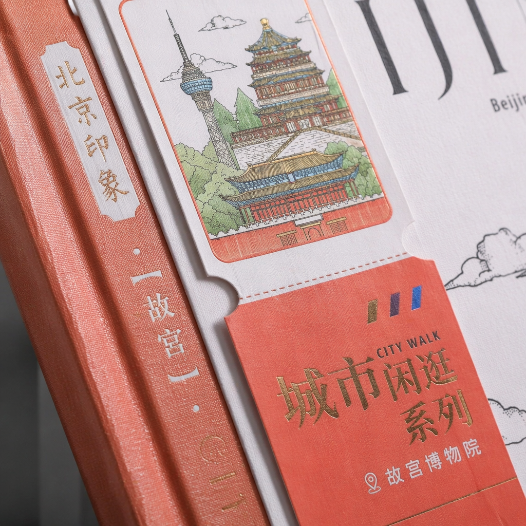 "Beijing Impression: City Stroll Series Illustration Books with Orange and White covers featuring the Temple of Heaven and the landmarks of the Forbidden City. Application Scenario