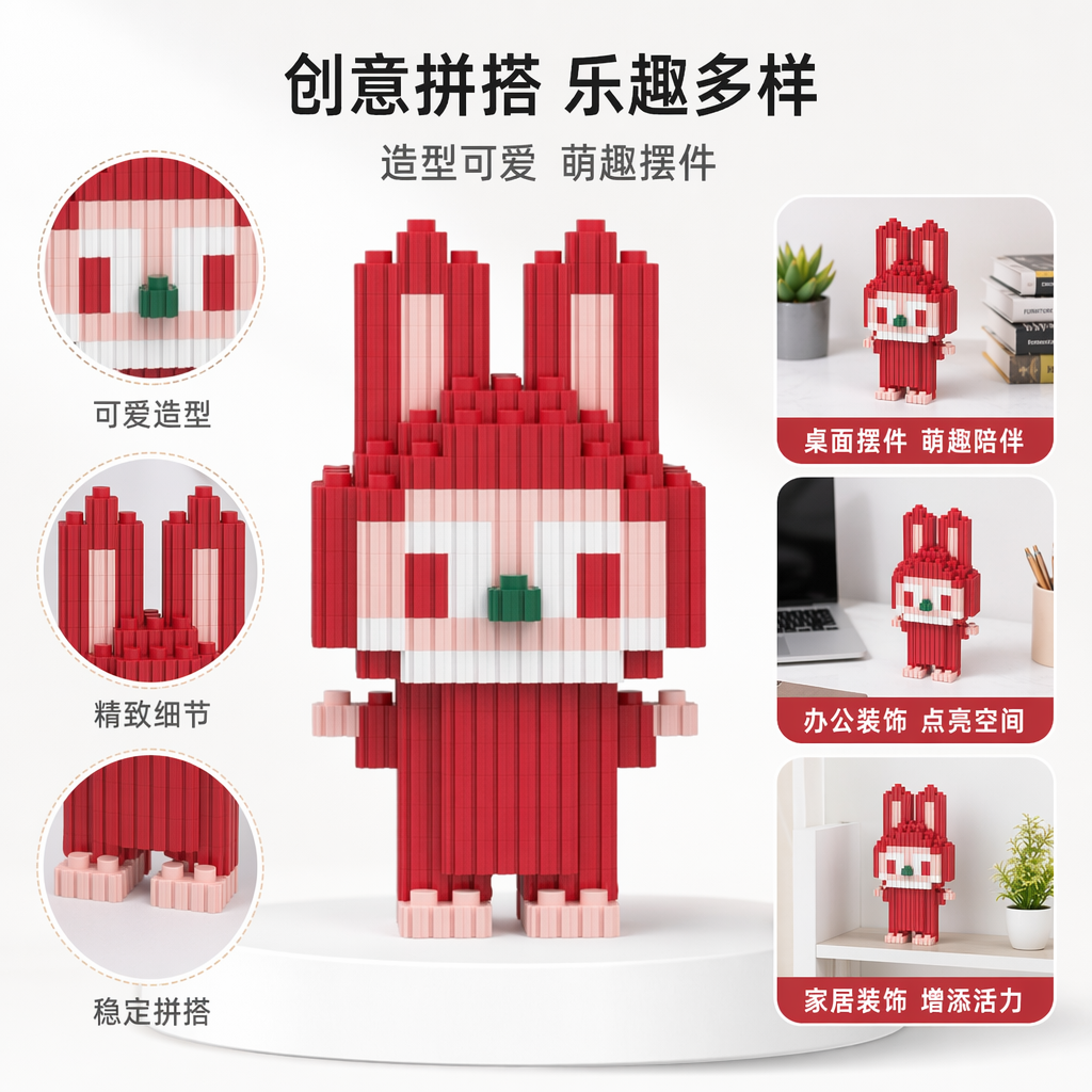 红色积木兔子儿童益智拼装玩具创意卡通造型
