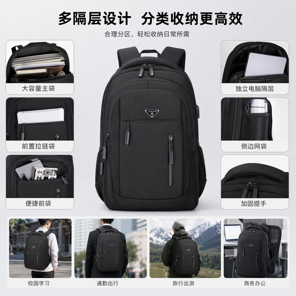 黑色双肩包加厚耐磨大容量通勤旅行学生背包