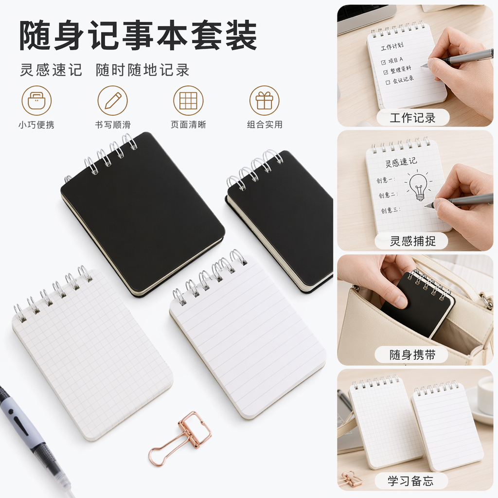 A white keyboard with black spiral grid lines, a notebook with a pen and a golden clip