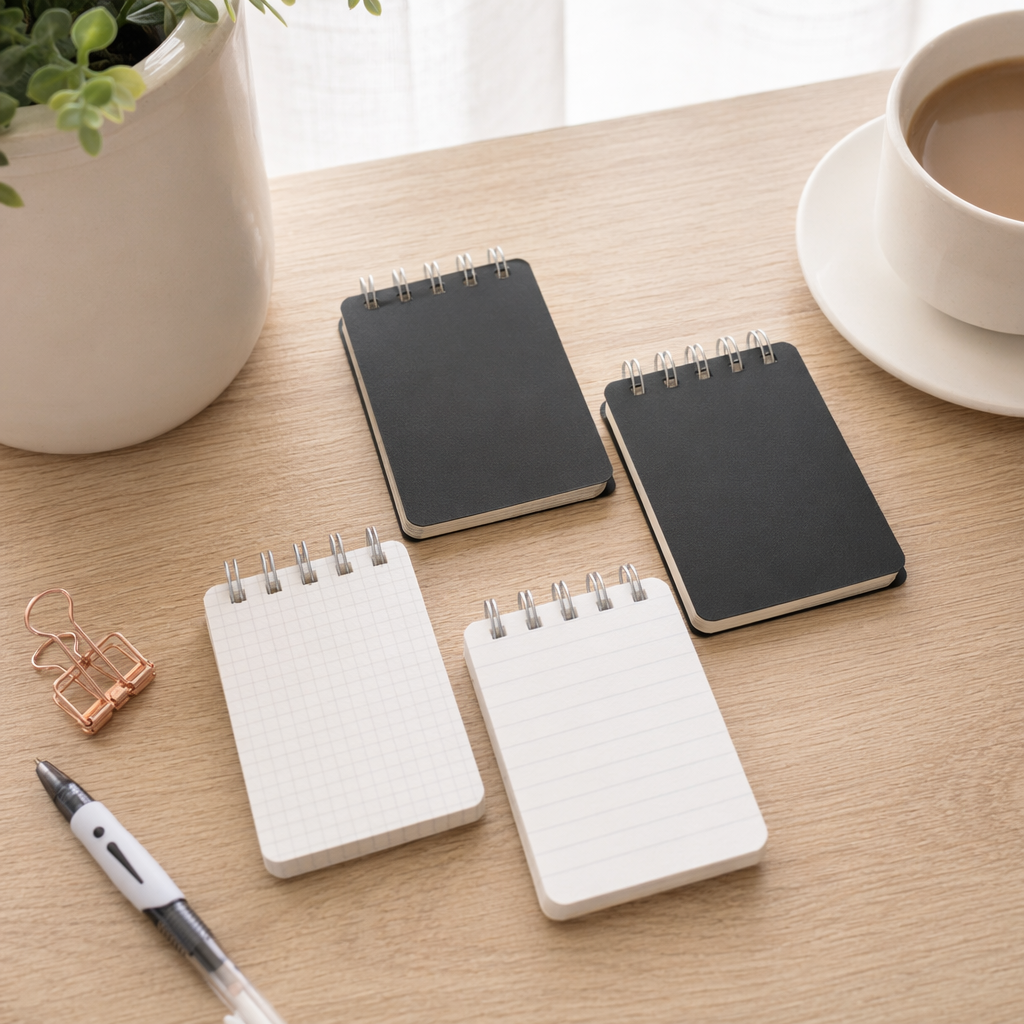 A white keyboard with black spiral grid lines, a notebook with a pen and a golden clip details Picture