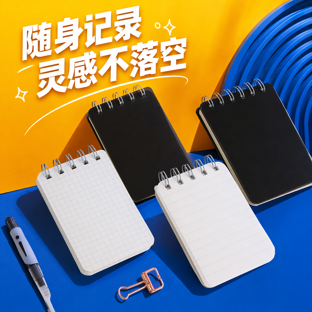 A white keyboard with black spiral grid lines, a notebook with a pen and a golden clip Specification image