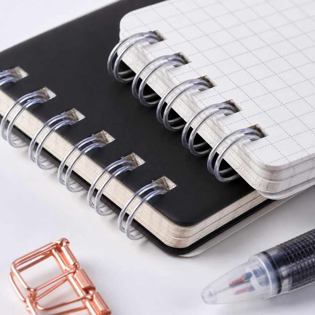 A white keyboard with black spiral grid lines, a notebook with a pen and a golden clip Application Scenario