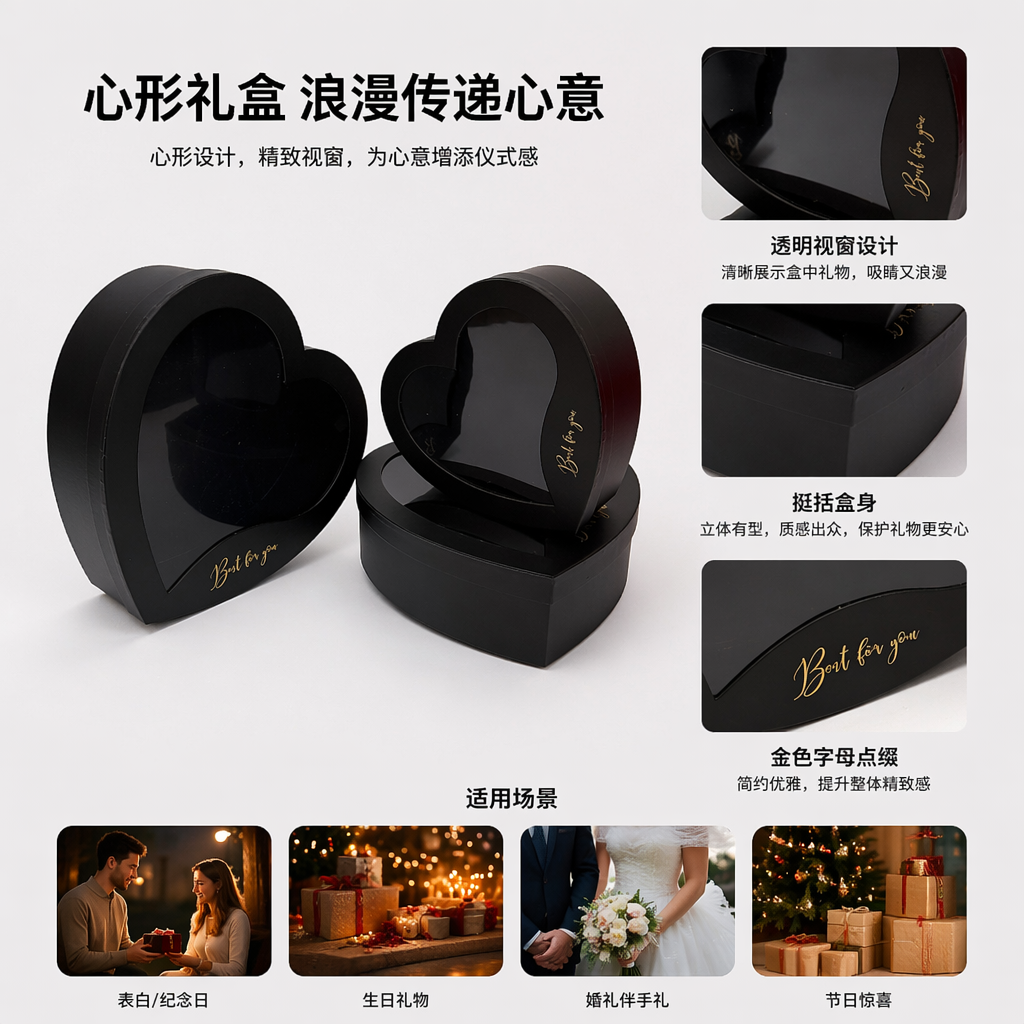Black heart-shaped gift box, velvet material, festival wedding souvenir packaging box