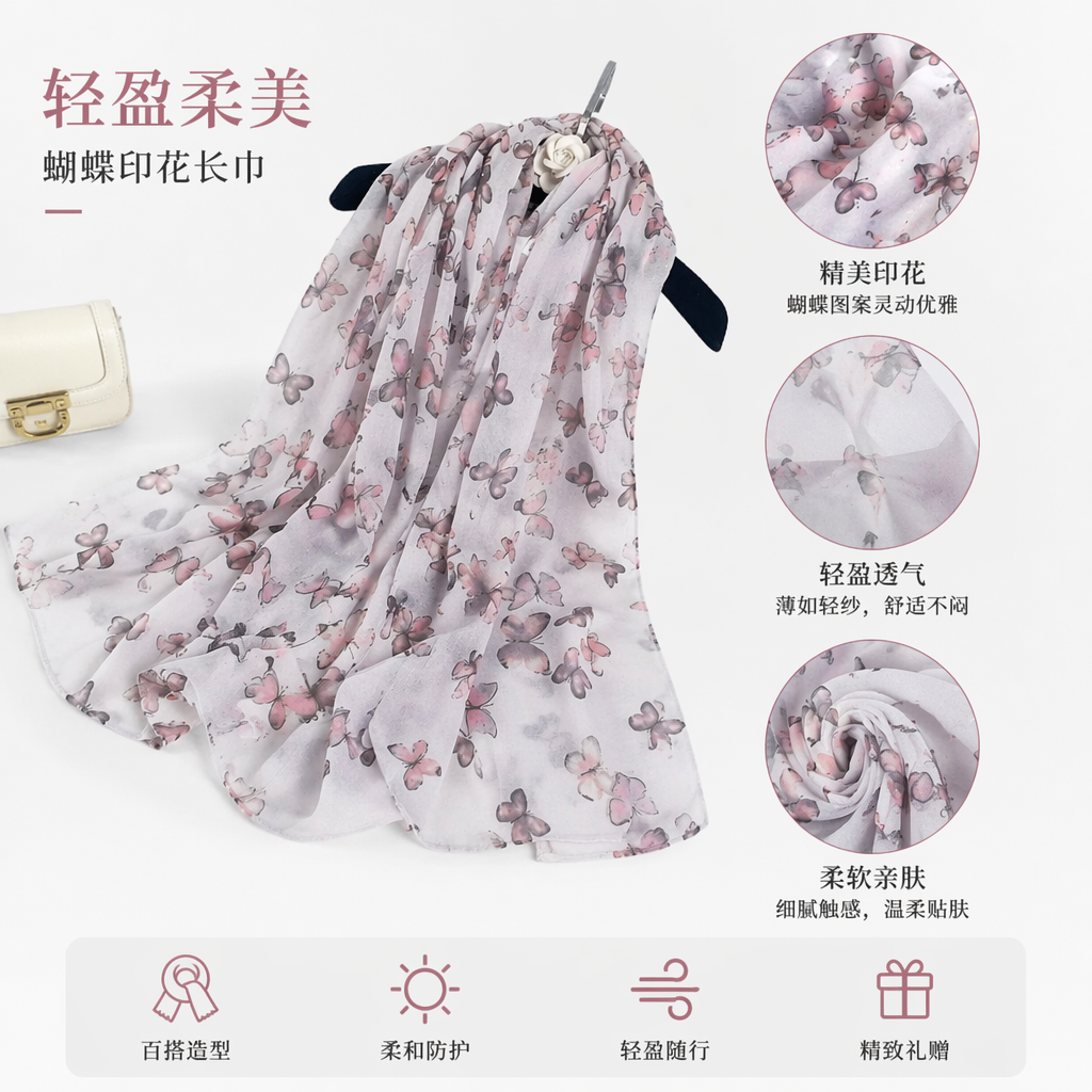 浅紫色蝴蝶印花真丝围巾女士秋冬保暖配饰