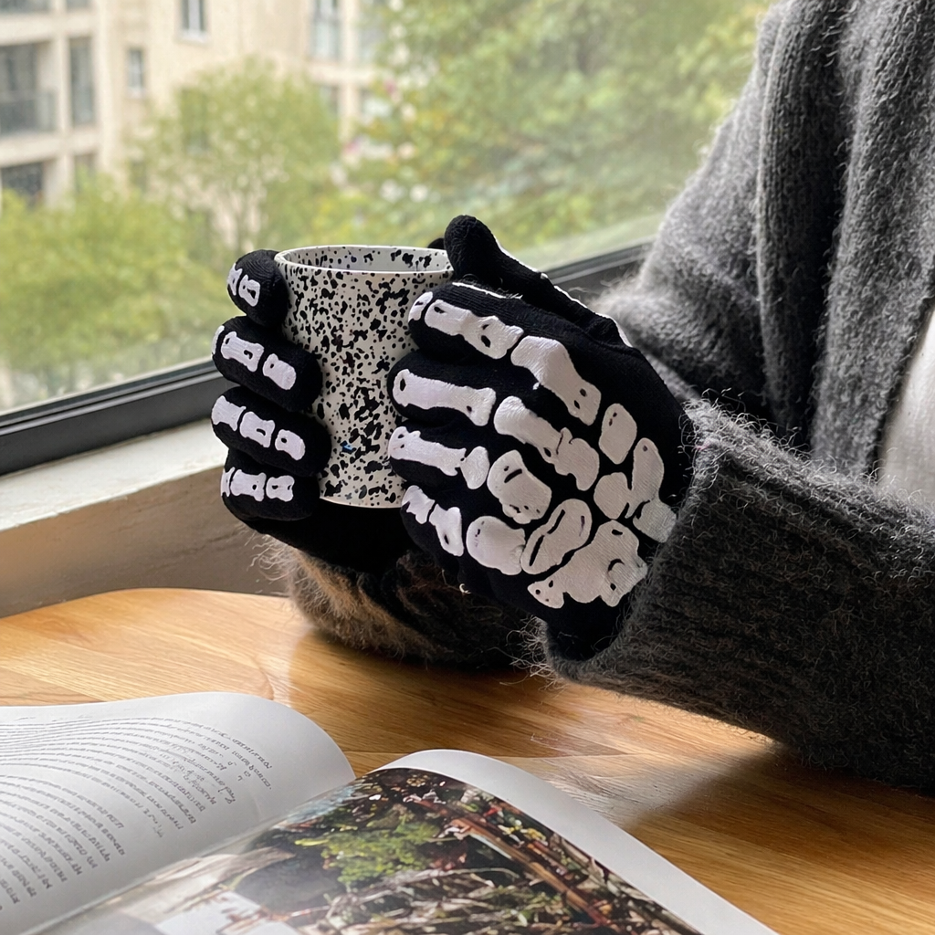 Black skuller-patterned cycling warm gloves for both men and women, anti-slip and wear-resistant details Picture