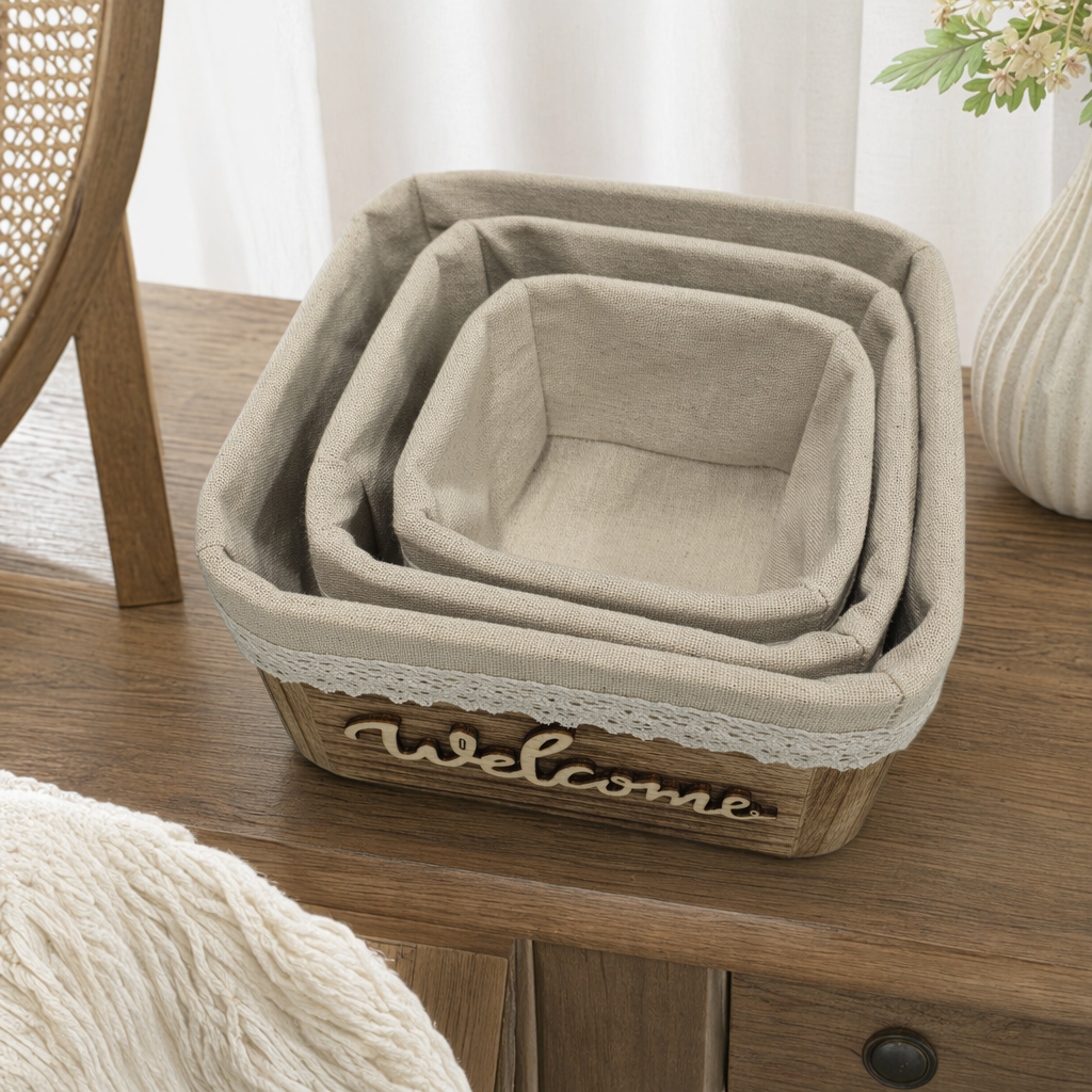 Beige fabric storage basket set, three-piece home living room and bedroom organizing basket set details Picture