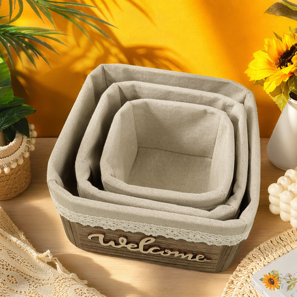 Beige fabric storage basket set, three-piece home living room and bedroom organizing basket set Specification image