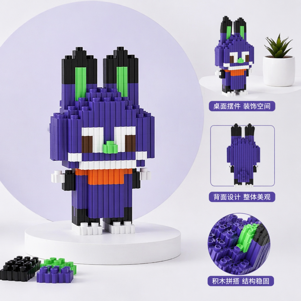 紫色像素积木兔子创意拼装玩具儿童益智积木套装