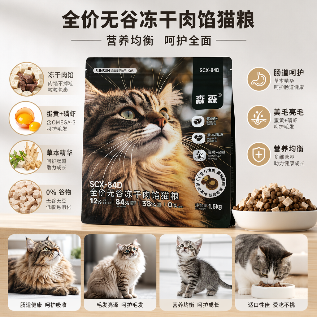 SCX-84D森森 全价无谷冻干肉馅猫粮 袋装宠物食品 营养均衡干粮图