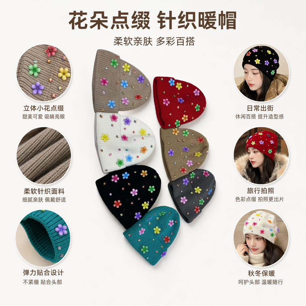 彩色花朵装饰针织帽 女士秋冬保暖毛线帽 时尚百搭