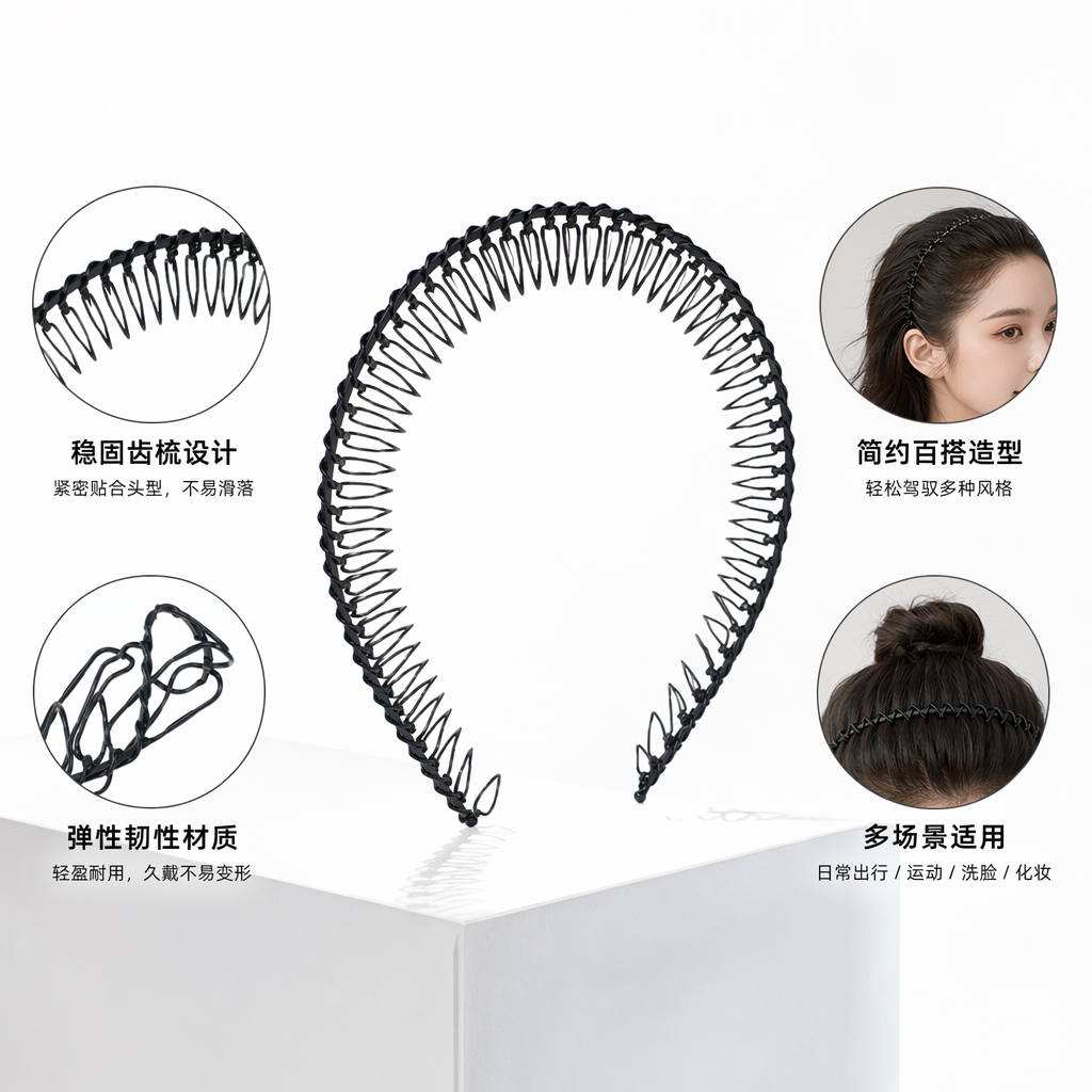 黑色弹簧发箍 柔韧防滑加宽款女士扎发头饰