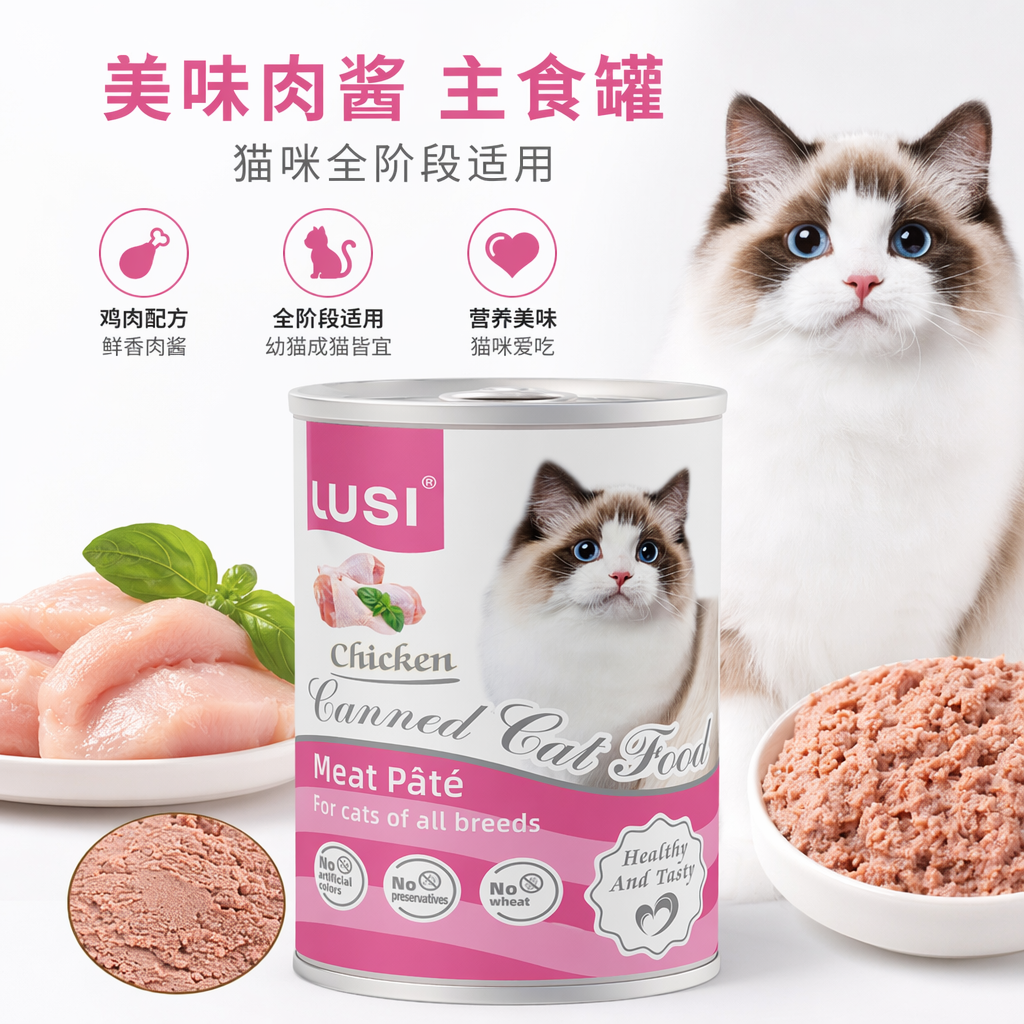 粉色猫咪图案罐头食品 LUSI鸡肉猫粮肉酱罐头