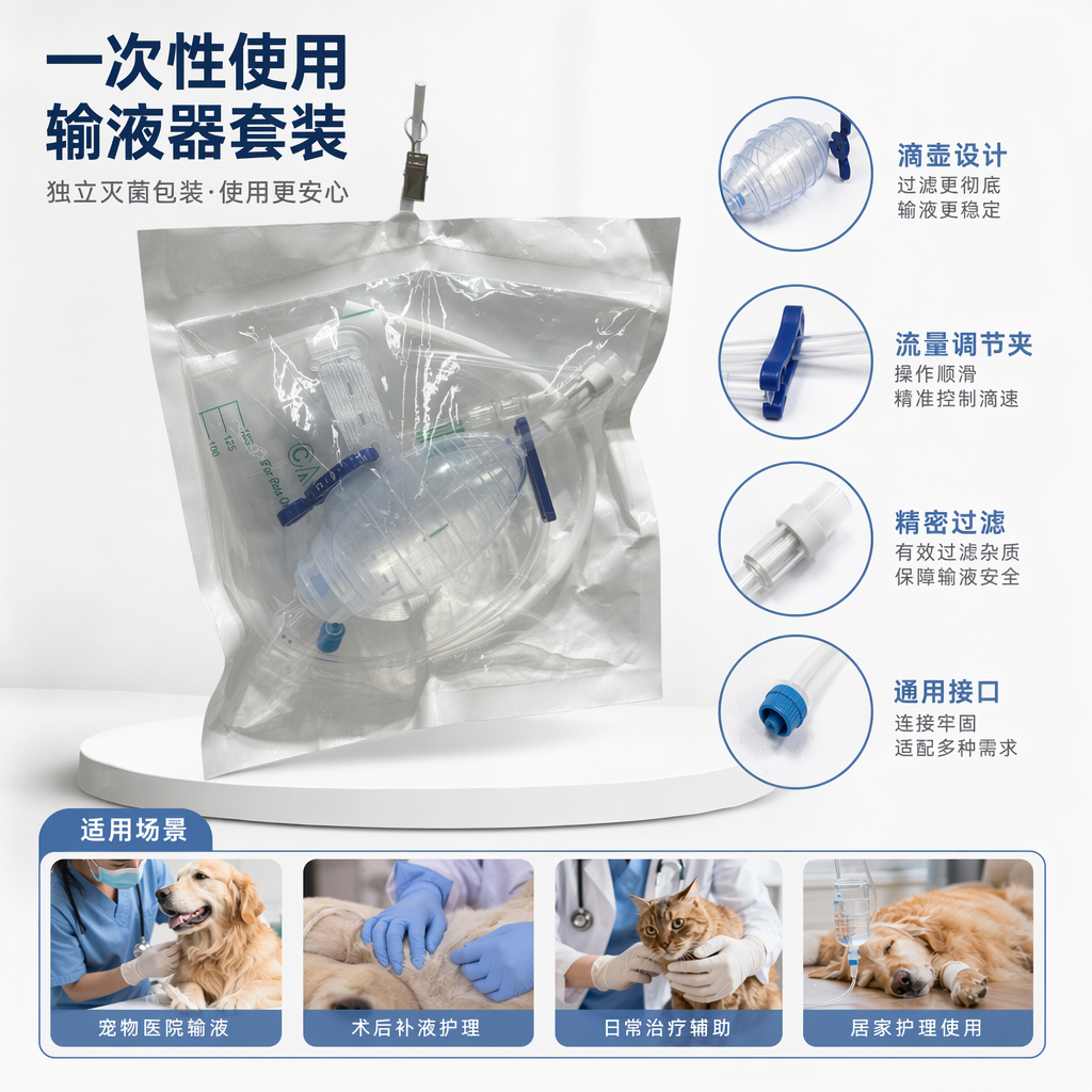宠物用透明塑料袋包装输液器 含蓝色夹子透明储液囊管路