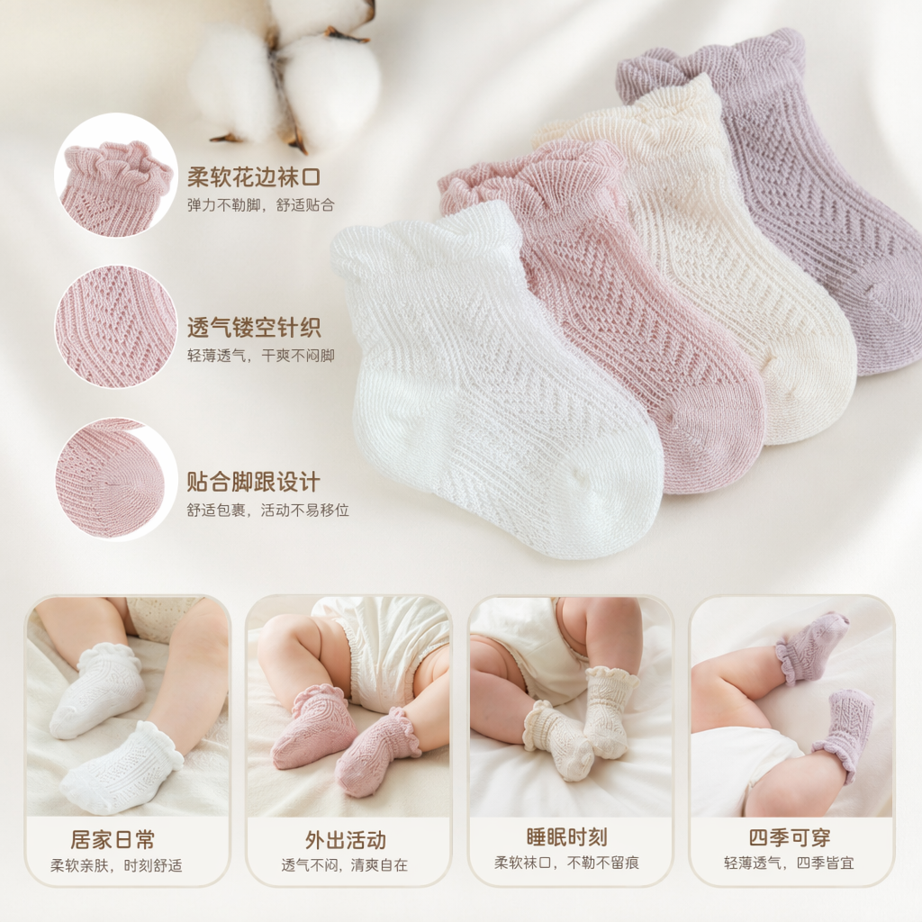 四双彩色针织婴儿袜 纯棉柔软防滑新生儿袜
