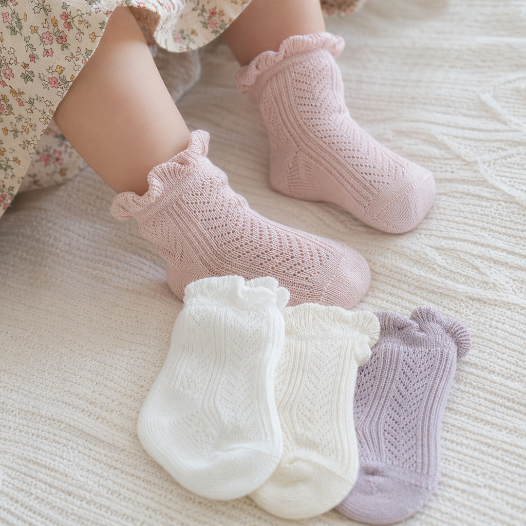 Four pairs of colorful knitted baby socks, pure cotton soft and anti-slip newborn socks details Picture