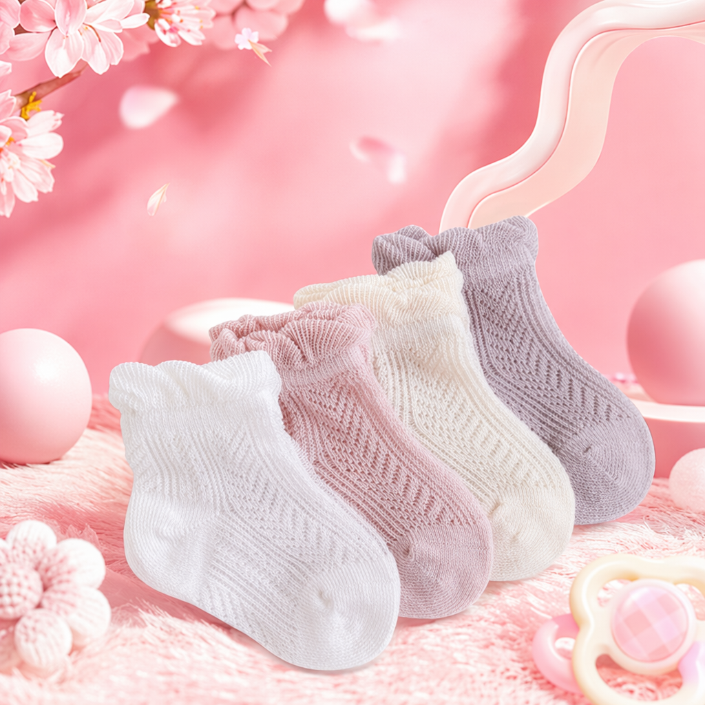 Four pairs of colorful knitted baby socks, pure cotton soft and anti-slip newborn socks Specification image
