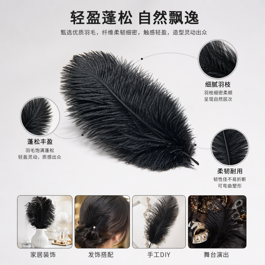 黑色鸵鸟羽毛装饰用天然羽毛手工DIY材料