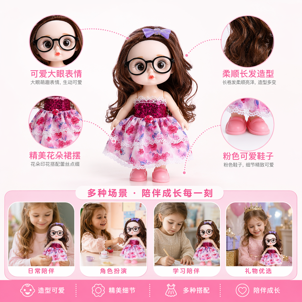 四款戴眼镜穿花裙的娃娃套装 可爱少女风桌面摆件