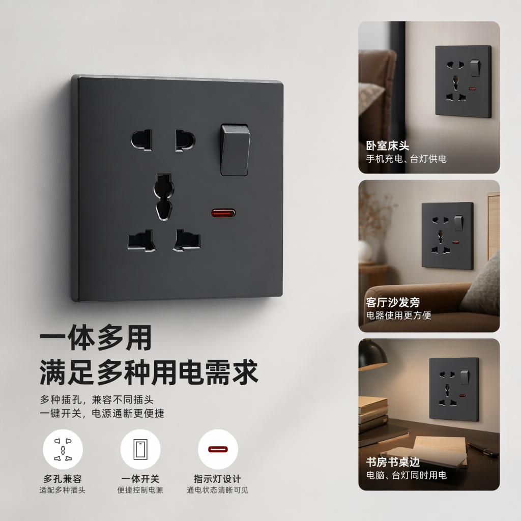 T6灰色多功能5孔墙壁插座 家用办公简约百搭 单控开关面板 出口