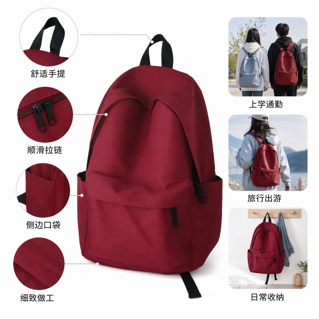 红色时尚休闲双肩背包轻便大容量学生通勤旅行包图