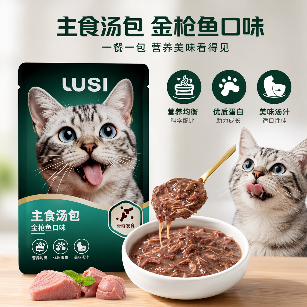 绿色包装袋猫咪图案白色碗金勺金枪鱼汤包猫粮