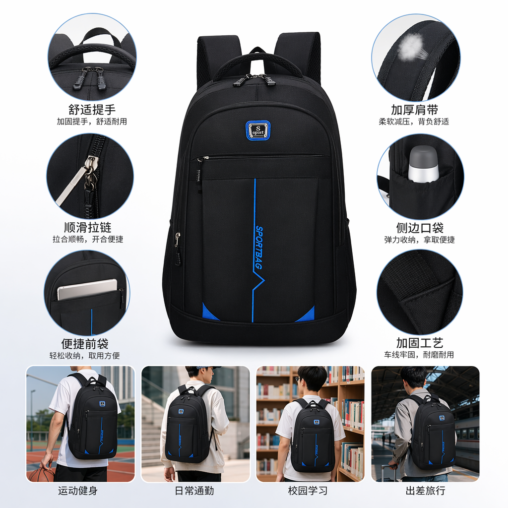 黑色双肩包耐磨尼龙大容量通勤旅行学生背包