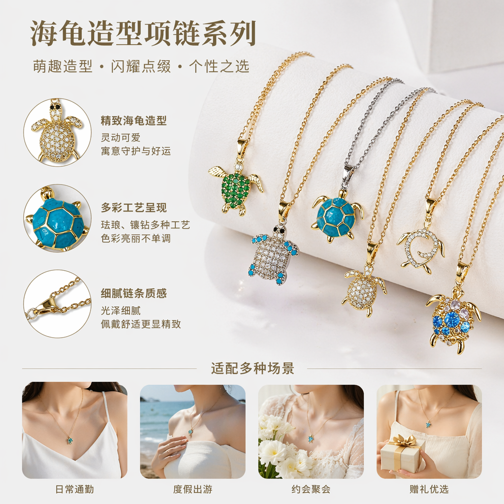 多款海龟造型项链 金色银色链条 蓝绿白宝石镶嵌吊坠