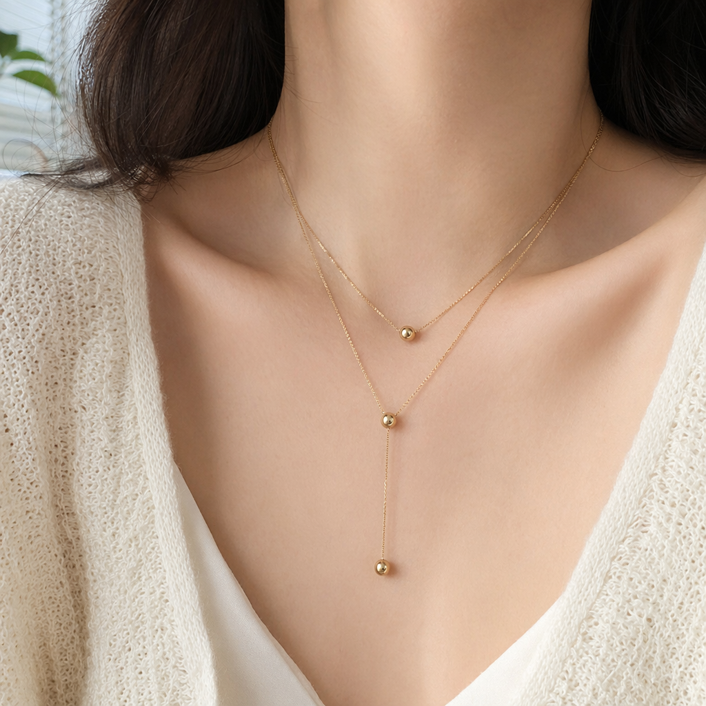 A golden double-layer spherical pendant necklace in a white card transparent bag for handheld display details Picture