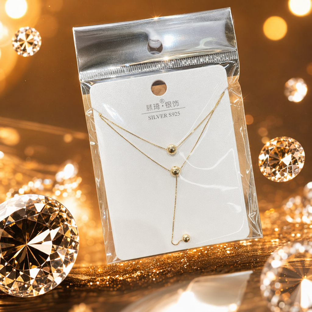 A golden double-layer spherical pendant necklace in a white card transparent bag for handheld display Specification image