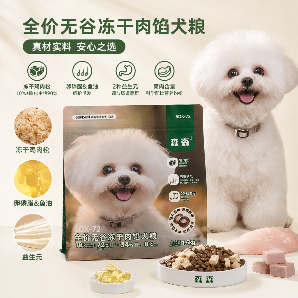 SDX-72 Sen Sen full-price grain-free freeze-dried meat filling Dog Food, freeze-dried chicken floss puffed main food 1.5kg per bag, pet dry food