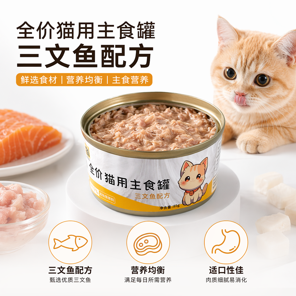 橙色猫粮罐头盒 全价猫用主食罐 卡通猫咪图案