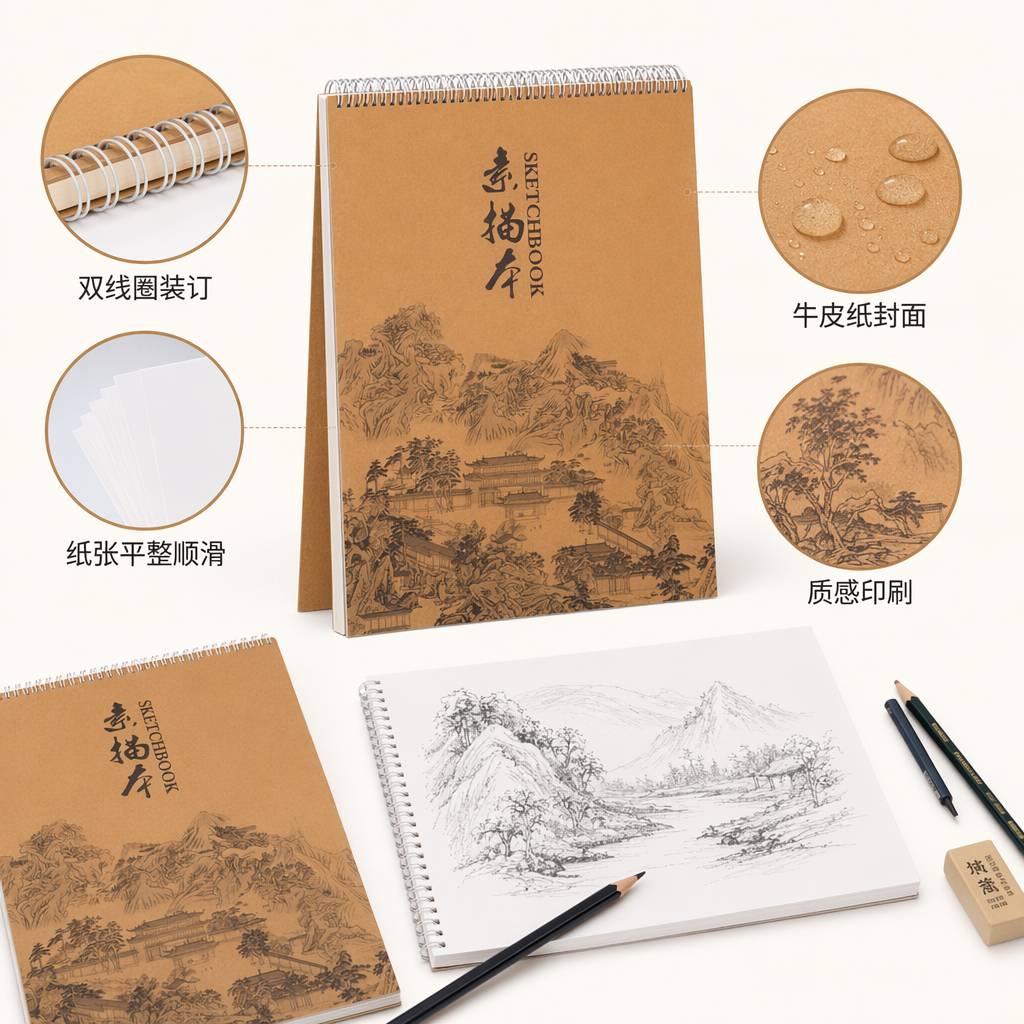 橙色封面传统山水画素描本 SKETCHBOOK 16K加厚纸